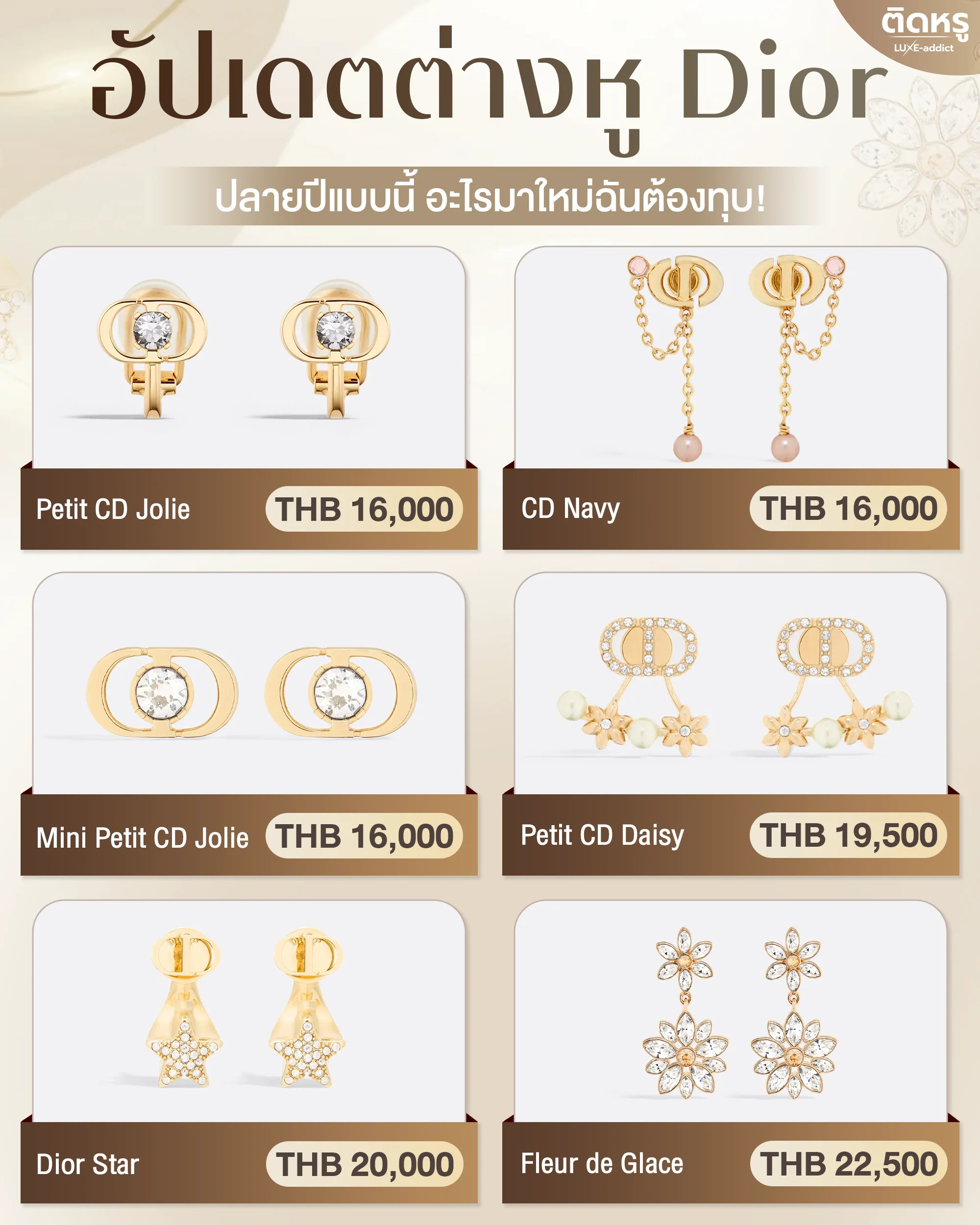 Image showing 6 popular Dior earrings: Petit CD, CD Navy, and Dior Star with prices.