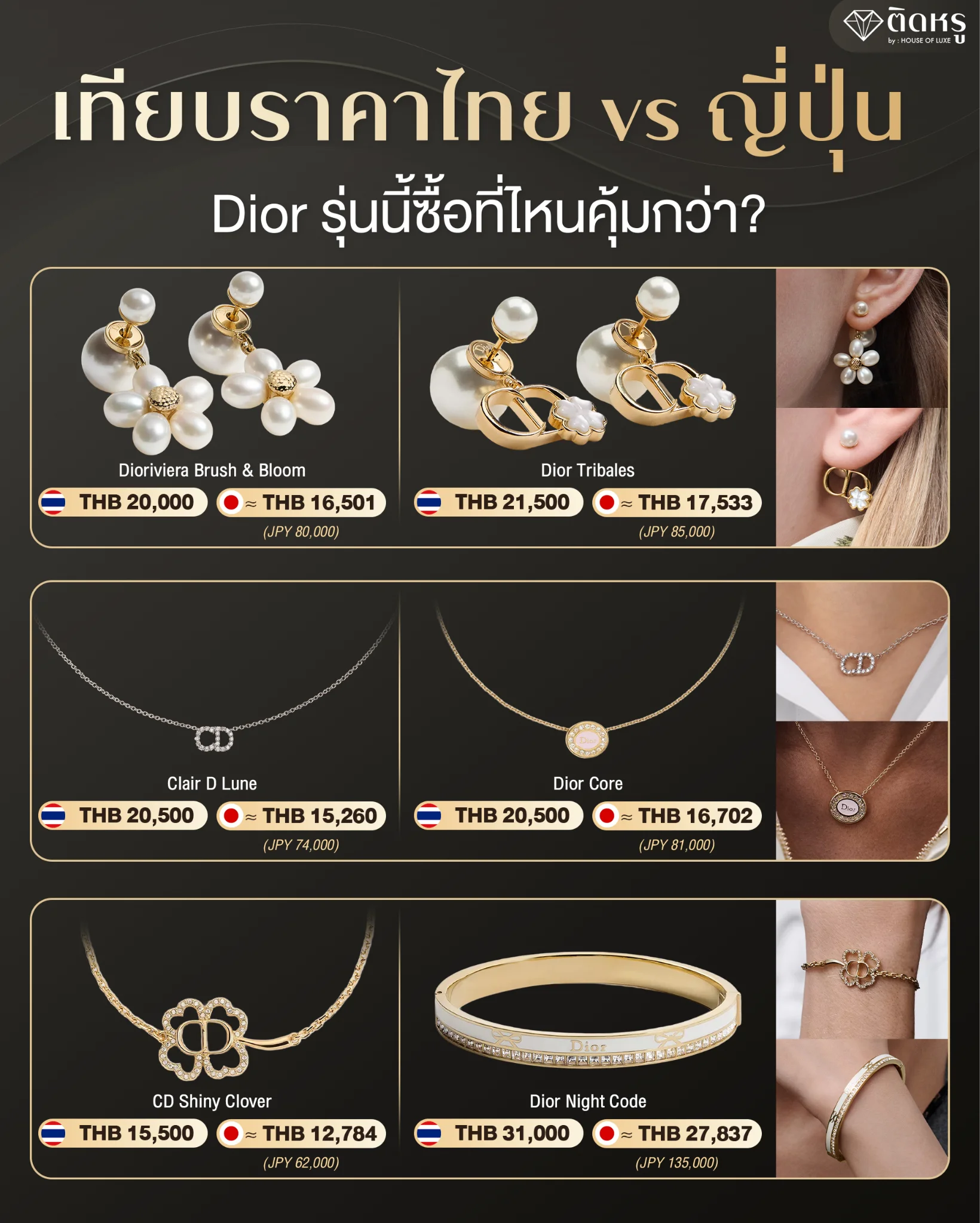 Official price comparison chart of popular Dior jewelry pieces between Thailand and Japan